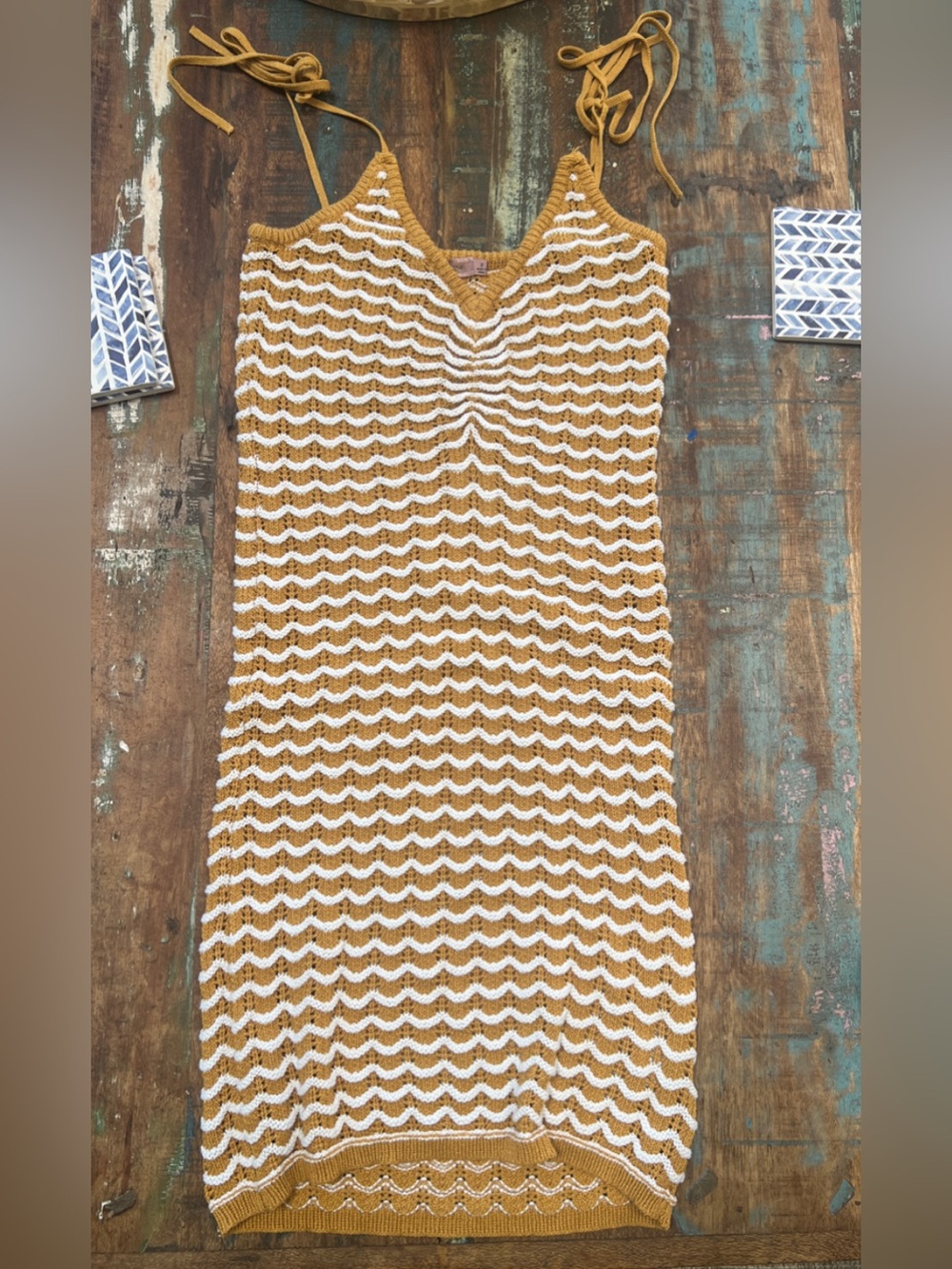 Skylar Rose- Mustard and White Knit Midi Dress/Cover Up